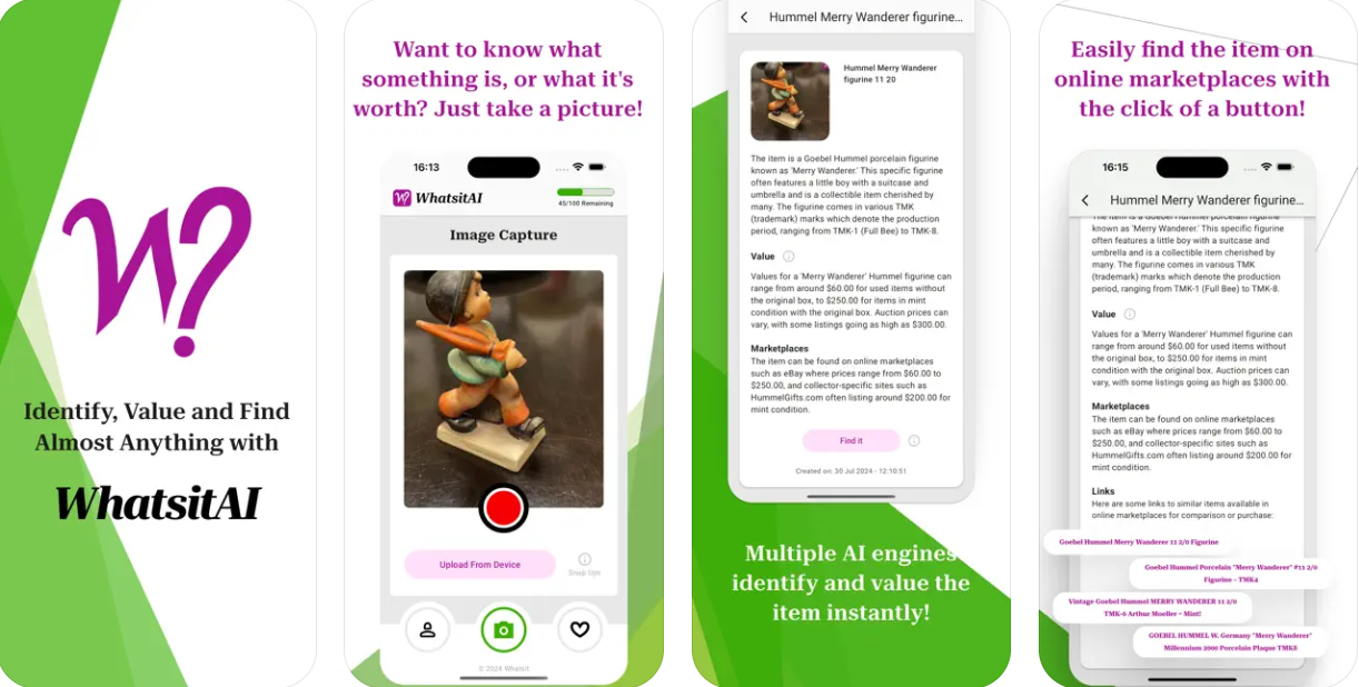 WhatsitAI AI-driven collectibles identification app, second-hand marketplace mobile app, thrift market app, antique valuation app