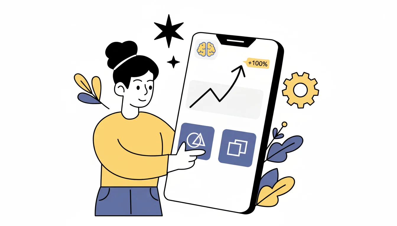 AI app icon A/B testing showing variant A vs B and +100% organic installs uplift