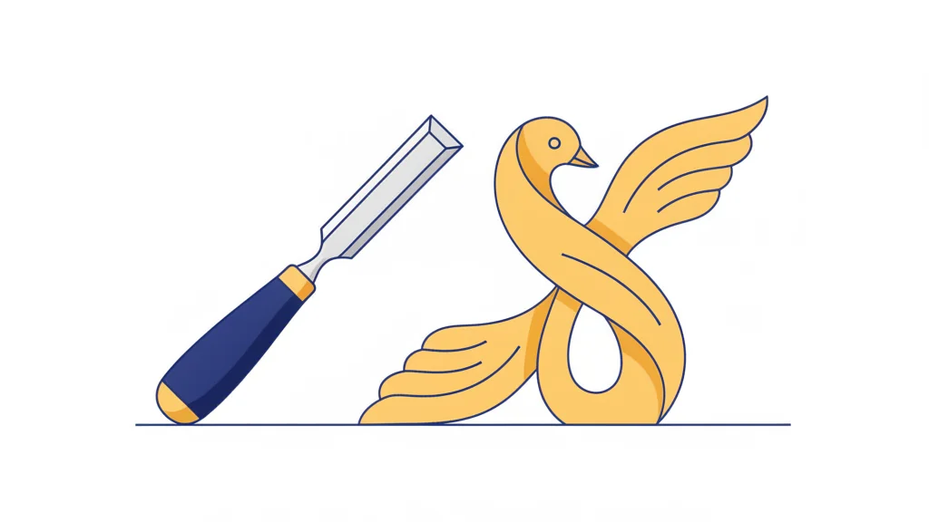 A fine chisel beside a finished wood carving — craft meets precision