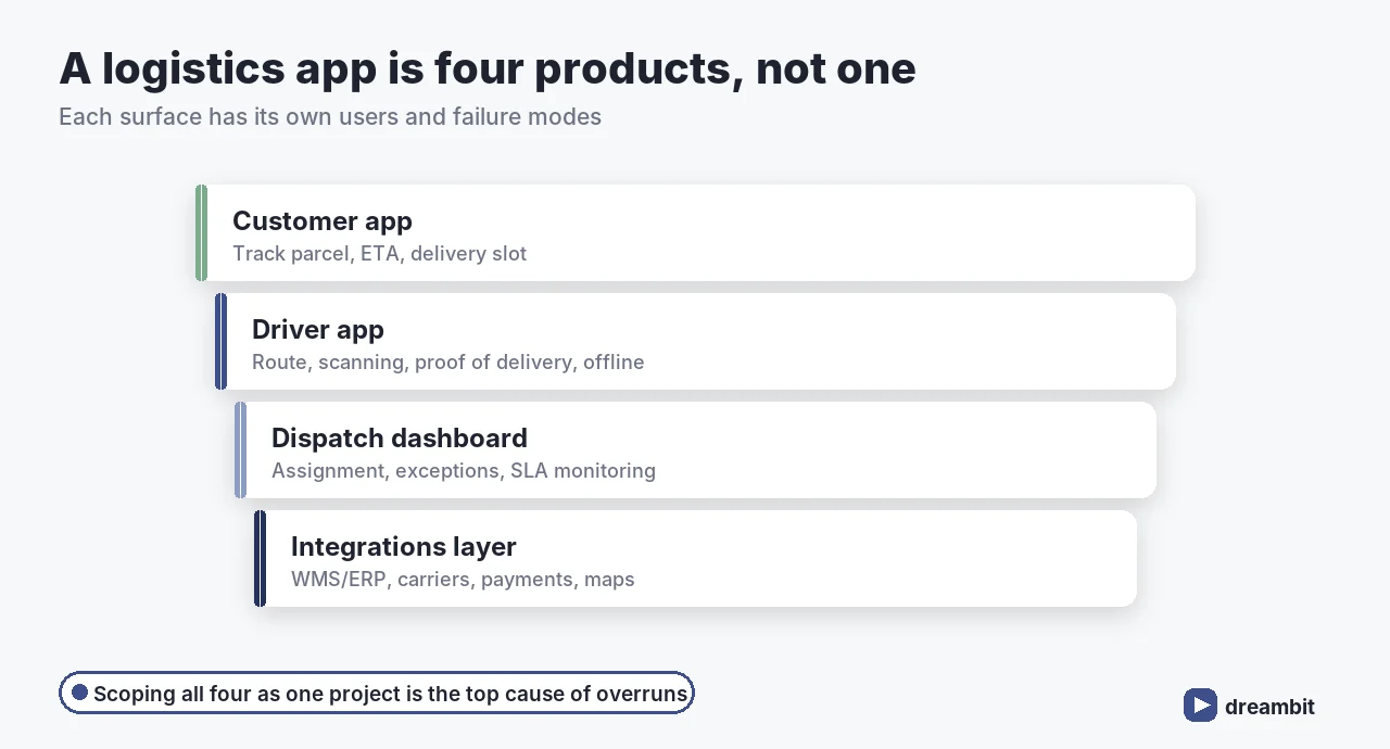A logistics app is four products: customer app, driver app, dispatch dashboard and integrations