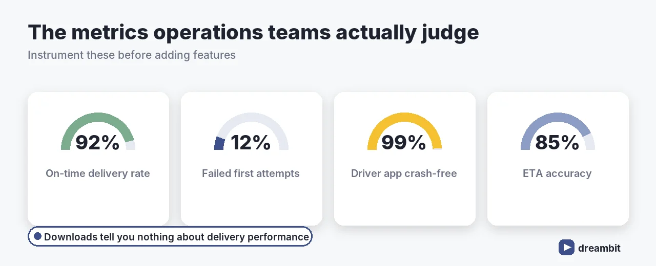 Logistics app metrics: on-time delivery, failed attempts, crash-free rate and ETA accuracy