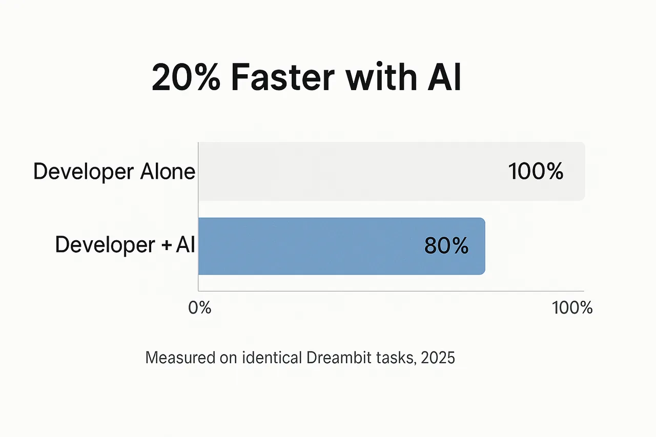 Bar chart: identical Dreambit tasks took 20 percent less time with AI assistance than a developer working alone